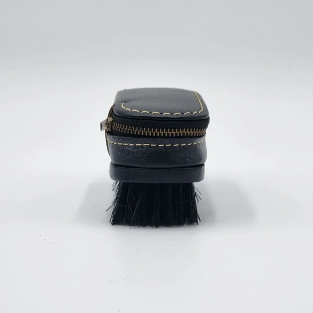 Vintage Swank Black Leather Shoeshine Brush Zip‎ Around Top Men Travel Groom Kit